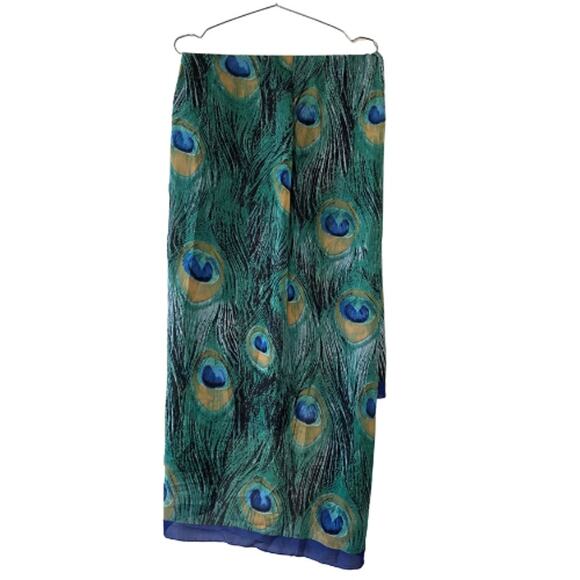 Silk Peacock Feather Print Scarf Green Blue Silk Wrap Shawl Lightweight Boho - Picture 1 of 8